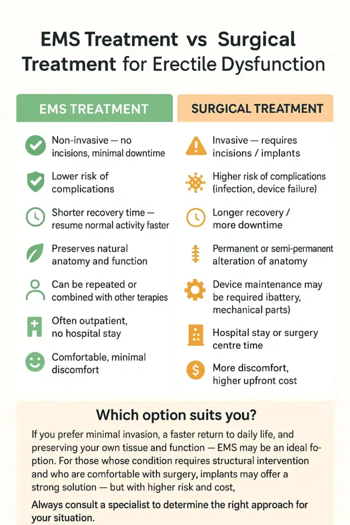 A table showing the benefits of EMS chair for erectile dysfunction treatment Blackpool compared to surgery.
